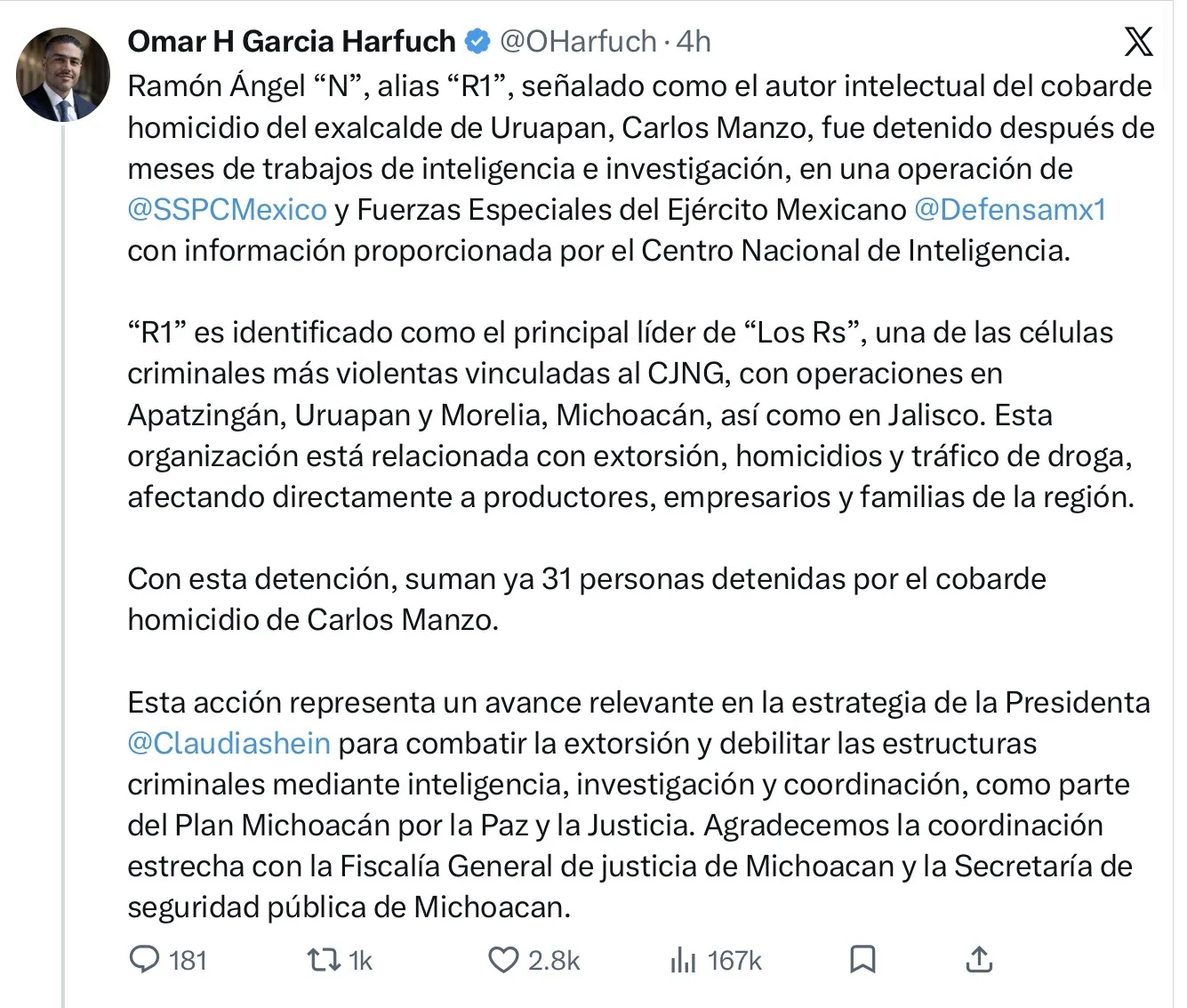 Detienen a “R1”, presunto autor intelectual del homicidio del exalcalde Carlos Manzo; Harfuch destaca operativo conjunto