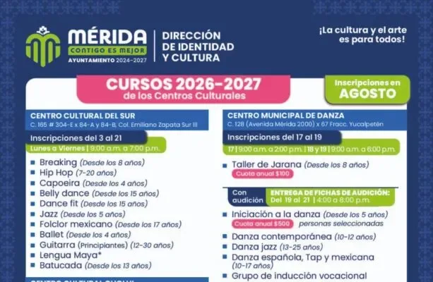Ayuntamiento de Mérida abre inscripciones para más de 40 cursos culturales del ciclo 2026-2027