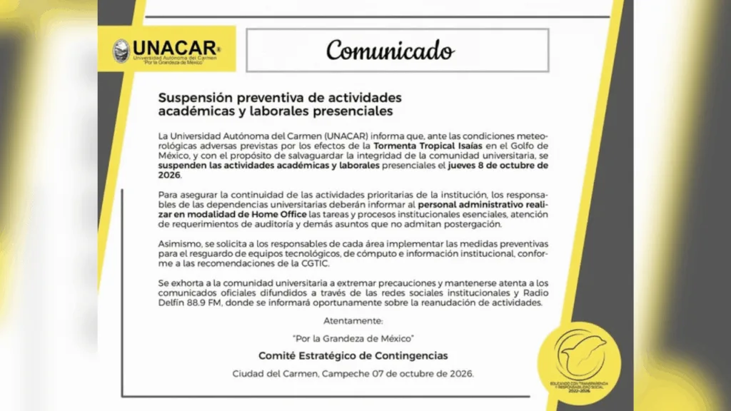Unacar suspende clases y actividades laborales presenciales este jueves por la tormenta Isaías