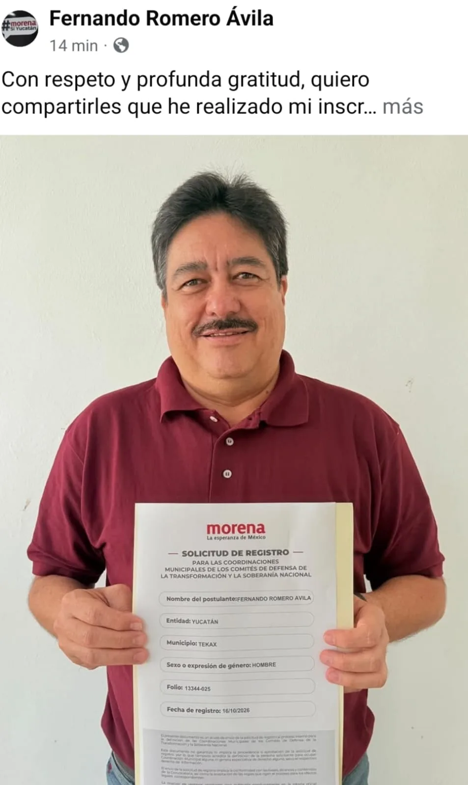 Fernando Romero Ávila se inscribe en proceso interno de Morena para la coordinación municipal de Tekax