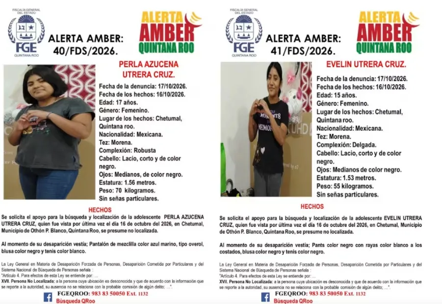 Buscan a dos adolescentes en Chetumal; Fiscalía activa Alertas Amber