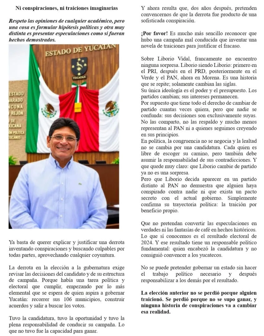 Roger Torres responsabiliza a Renán Barrera por derrota de 2024 y critica a Liborio Vidal