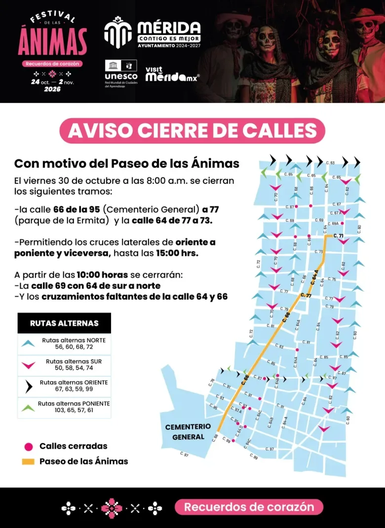 Paseo de las Ánimas 2026 en Mérida: recorrido, horarios, cierres viales y cambios en el transporte