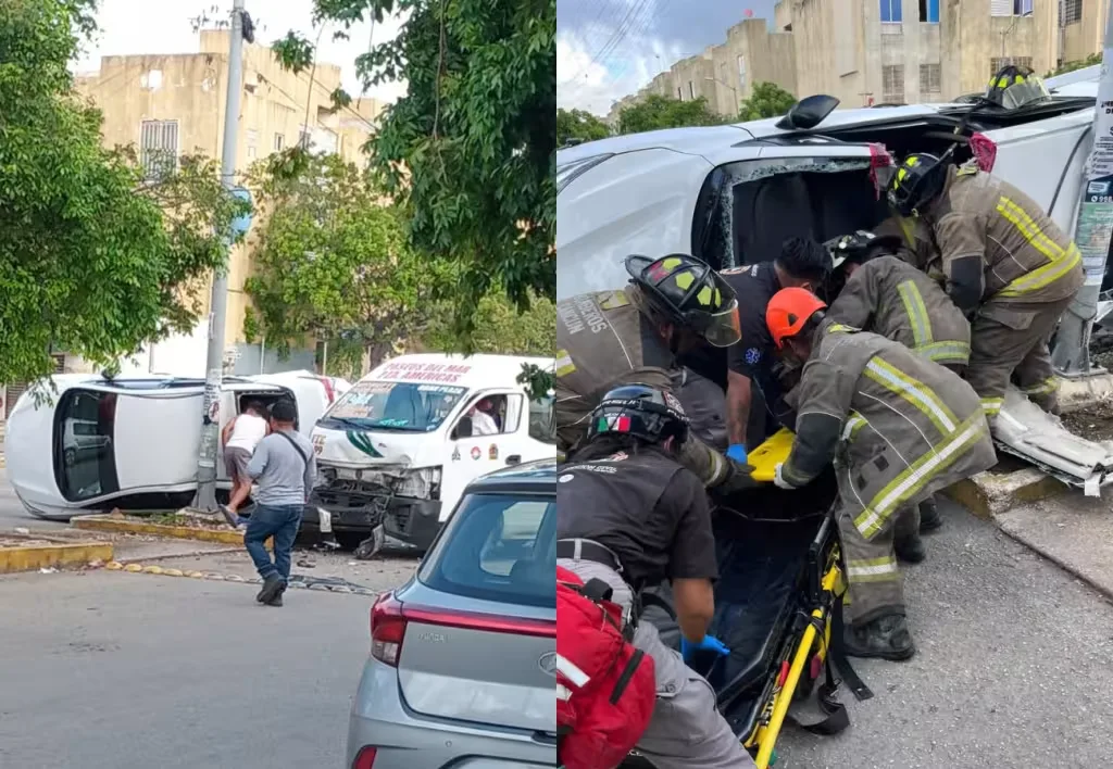 Aparatoso choque y volcadura en Cancún deja dos personas prensadas