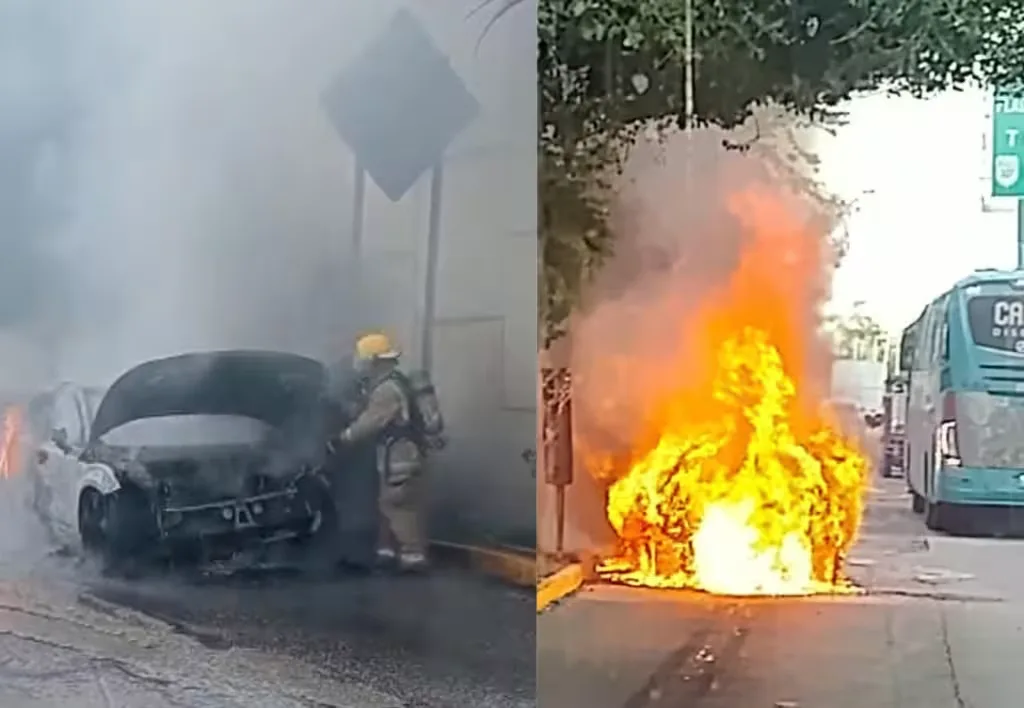 Camioneta eléctrica se incendia en la entrada de Puerto Morelos y provoca caos vial