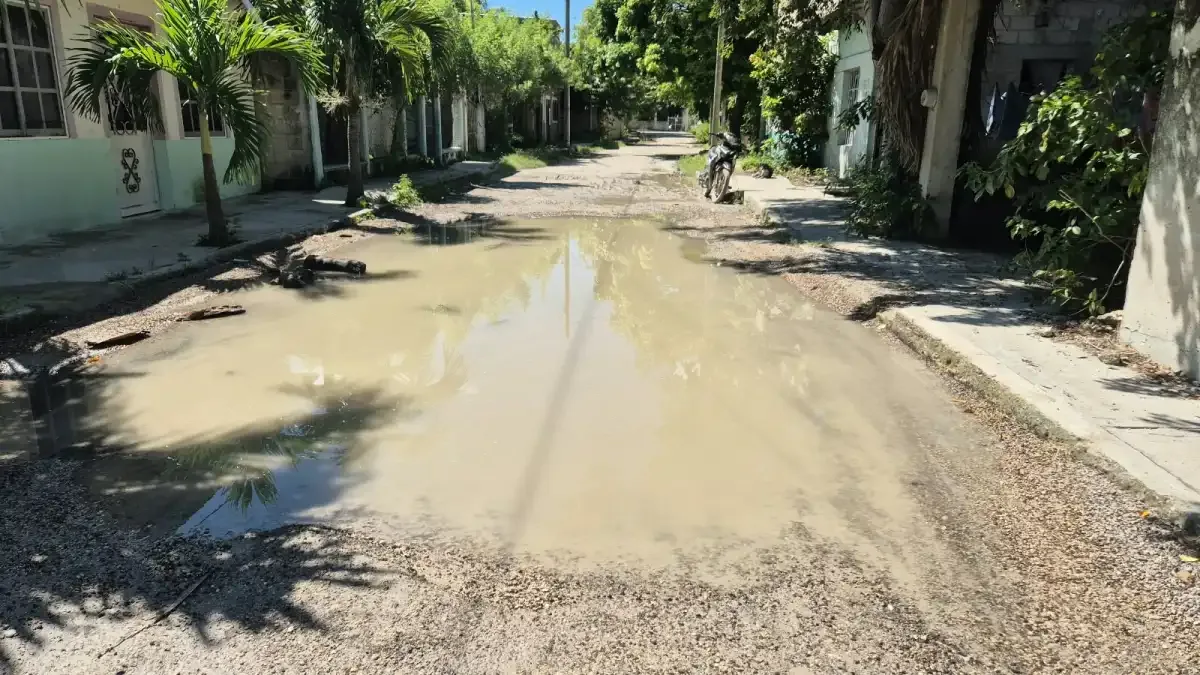 Vecinos de Cañaveral denuncian baches profundos y encharcamientos en la calle Hernán Cortés, en Champotón