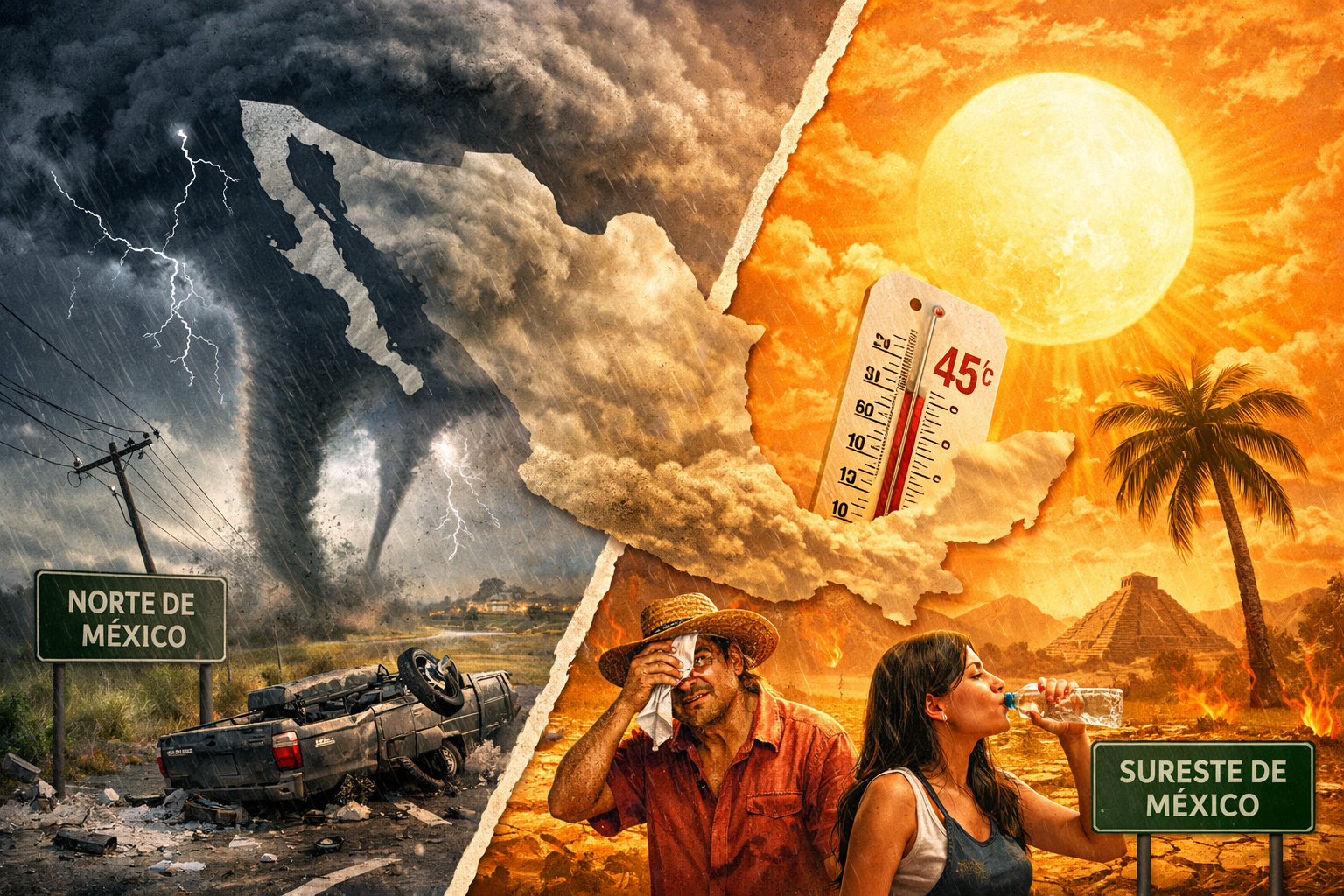 México bajo dos frentes: Alerta por tornados en el norte y calor de 45°C en el sureste