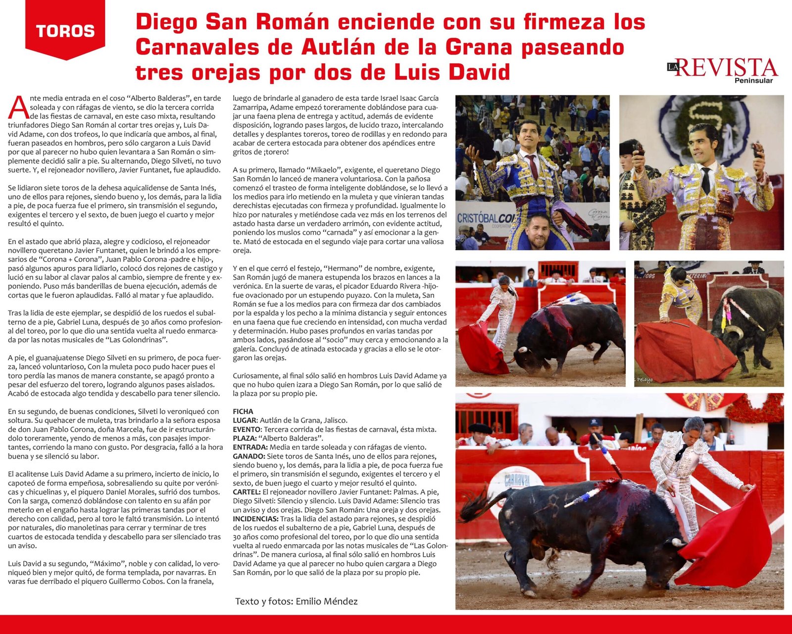 Diego San Román enciende con su firmeza los Carnavales de Autlán de la Grana paseando tres orejas por dos de Luis David