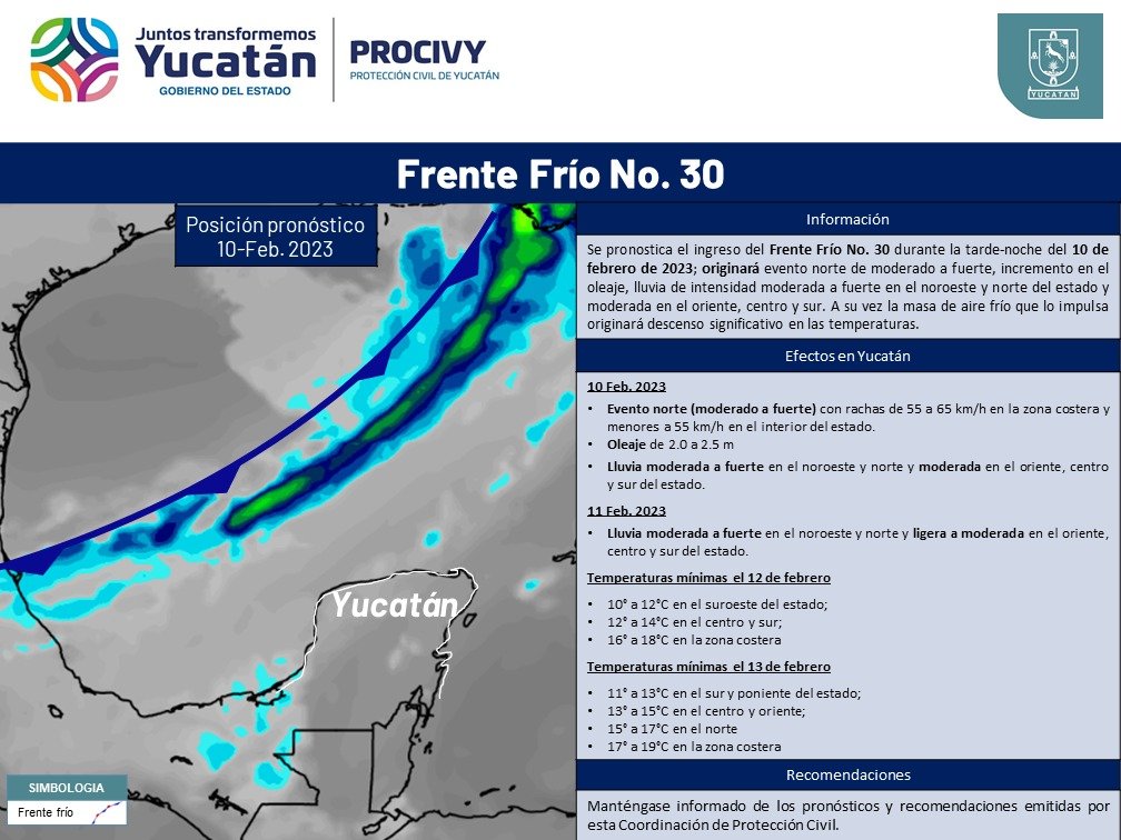 Anticipa Procivy la llegada este viernes del frente frío no. 30 con fuertes vientos,  oleajes, lluvias y bajas  temperaturas